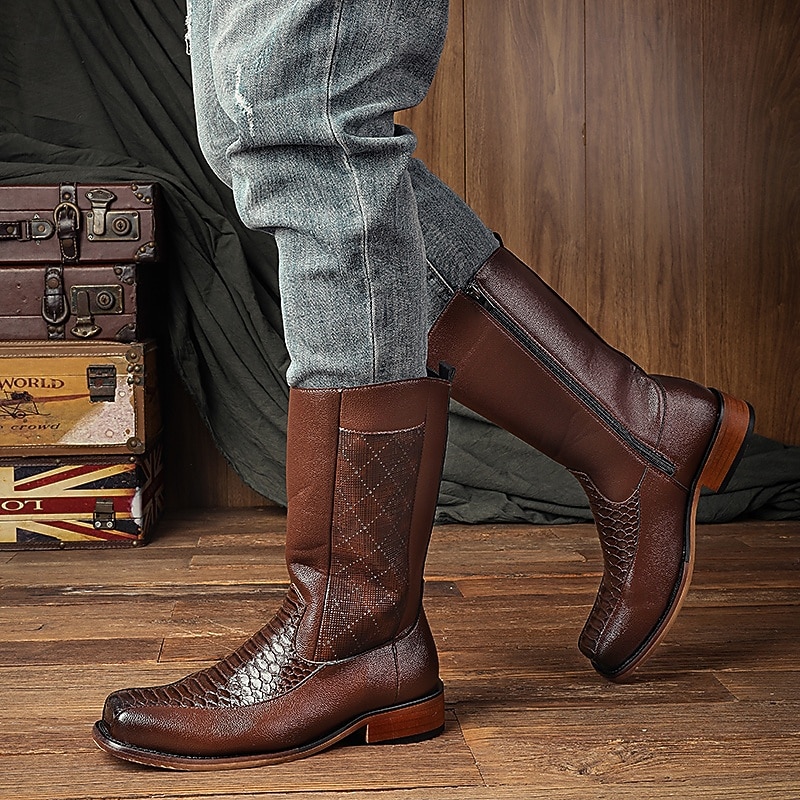 Men's Dark Brown Crocodile Textured Boots – Sophisticated and Fashionable, Perfect for Formal Business and Special Occasions3