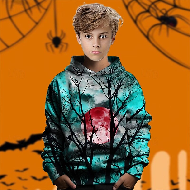Halloween Boys' 3D Tree Hoodie Long Sleeve Spring Fall Fashion Streetwear Kids 4-12 Years Hooded Outdoor Casual Daily Regular Fit2