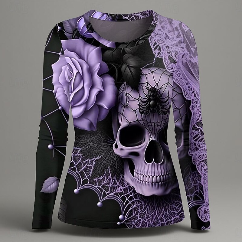 Halloween Women's T Shirt Graphic Skull Fashion Casual Long Sleeve Crew Neck Round Neck Regular Tops Daily Weekend Print Pink Blue Purple Green Summer Spring Fall3
