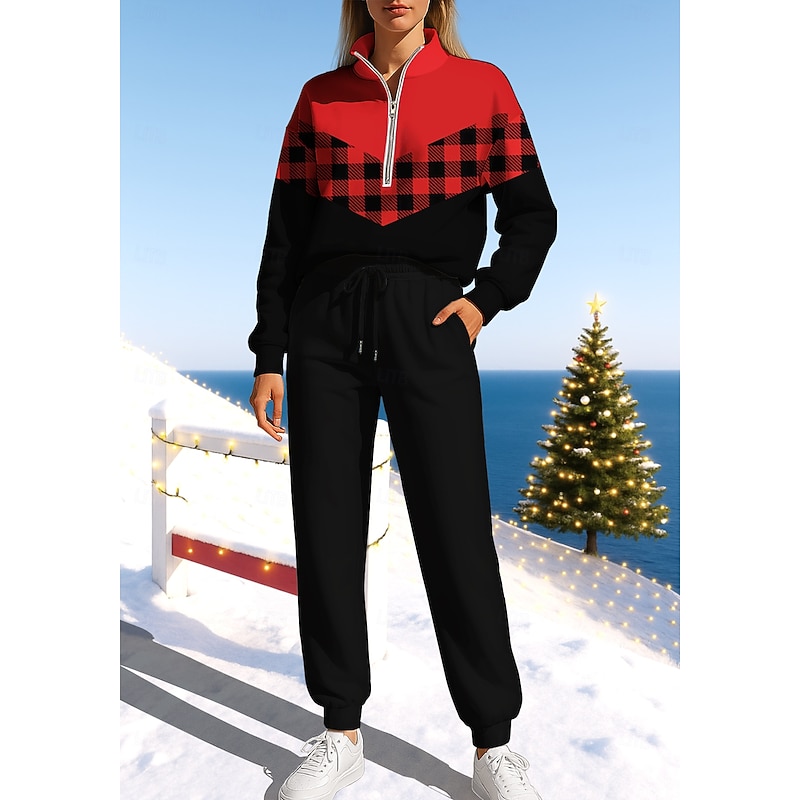 Christmas Women's Sweatshirt Tracksuit Sweatsuit Drawstring Zipper Plaid Checkered Jacket and Sweatpants Athletic Clothing Set Spring Red / black Casual Workout Outdoor Soft Baggy Long Sleeve Sport