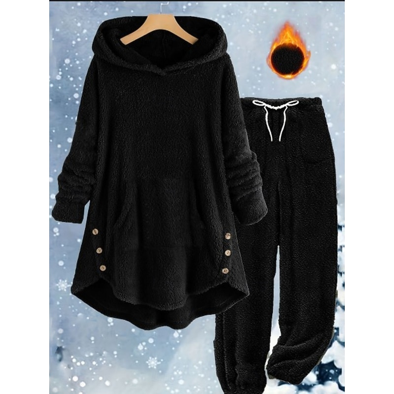 Women's Fashion Streetwear Daily Pants Sets Long Sleeve Hooded Plain Casual Daily Black White Yellow Spring Loose Fit3