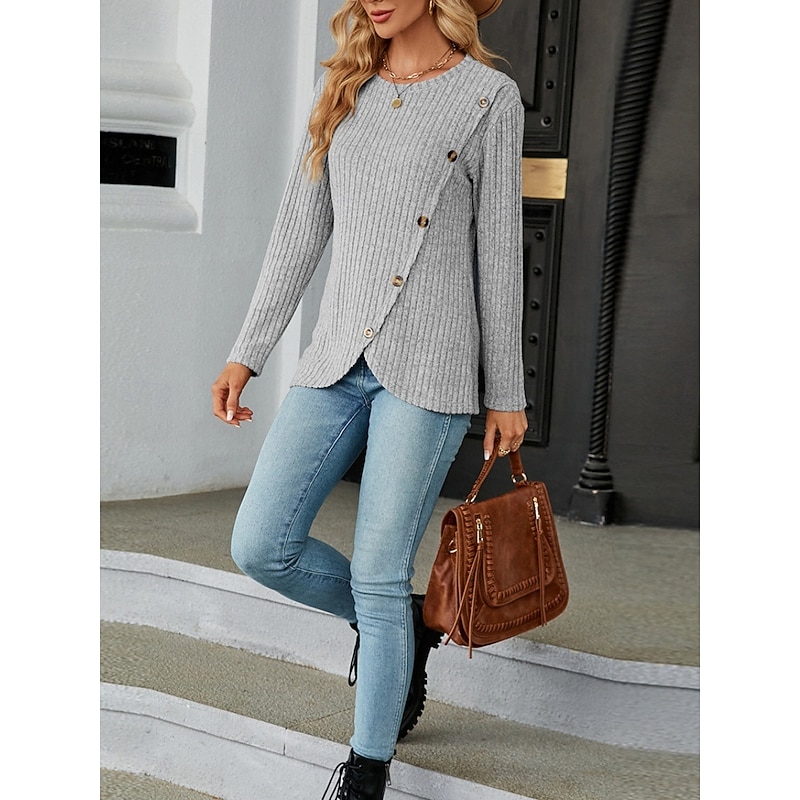 Women's Blouse Solid Color Stylish Casual Long Sleeve Crew Neck Regular Tops Daily Buttons Black Army Green Red Blue Gray Spring Fall Winter3