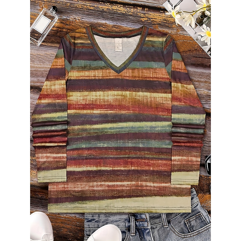 Women's T Shirt Ombre Graphic Striped Vintage Stylish Classic Long Sleeve V Neck Regular Tops Daily Print Brown Spring Fall Winter2