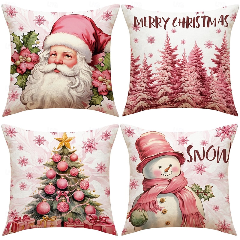 Pink Reindeer Christmas Pillow Covers, Linen Letter Print Decorative Throw Cushions, Festive Sofa & Living Room Accent Pillows