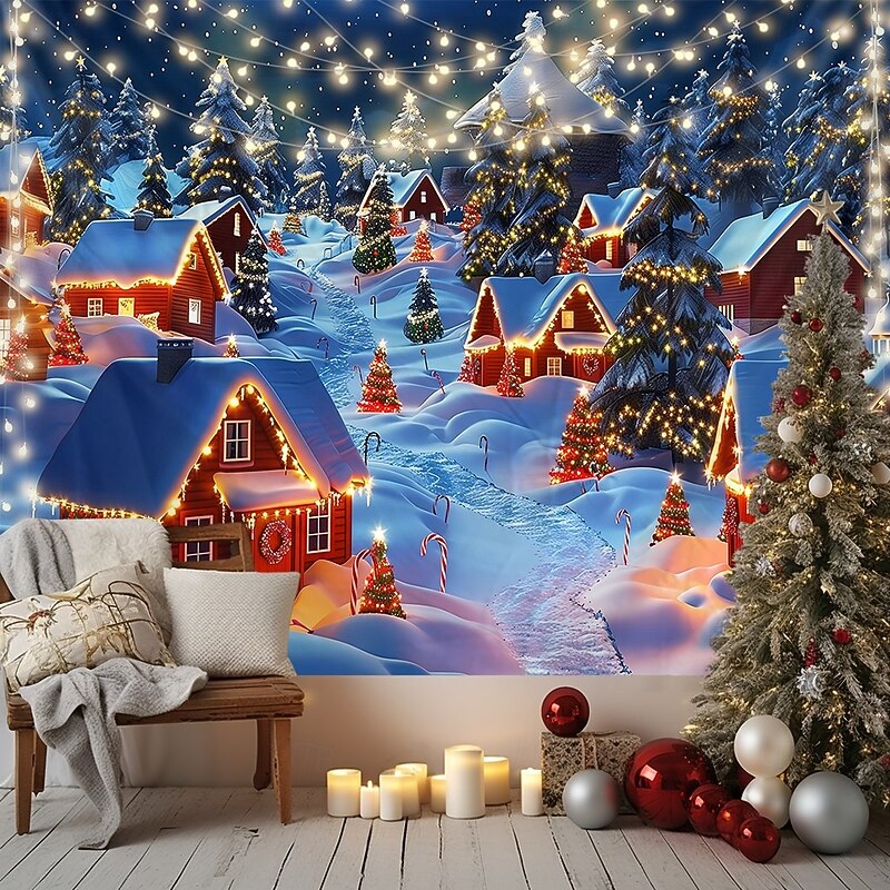 Chrismas Hanging Tapestry Snow Village Snow Castle Large Wall Art Mural Decor Blanket Curtain Holiday Home Bedroom Living Room Festive Party Decoration Christmas Seasonal Backdrop2