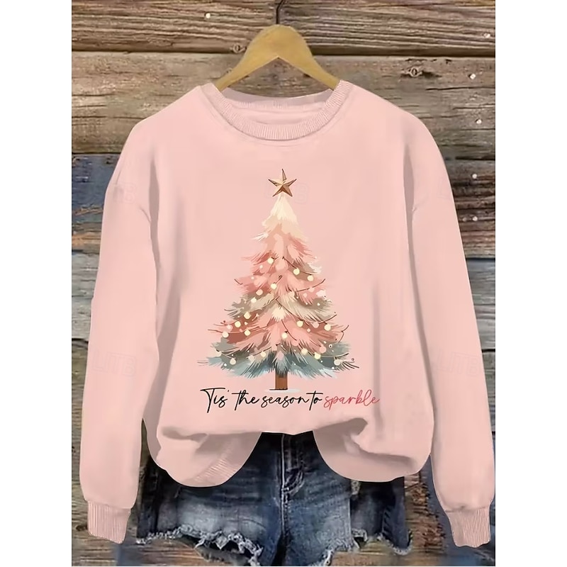 Women's Sweatshirts Graphic Christmas Tree Vintage Casual Long Sleeve Round Neck Regular Tops Street Dailywear Casual Print Pink Red Dark Green Green Fall Winter