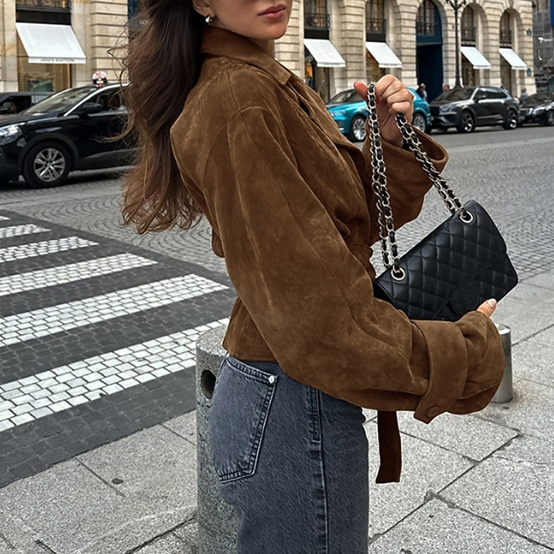 Women's Faux Leather Jacket Winter Coat Jacket Warm Comfortable Tie Front Fashion Plain Vacation Street Casual Going out Regular Turndown Regular Fit Long Sleeve Outerwear Brown Fall Winter