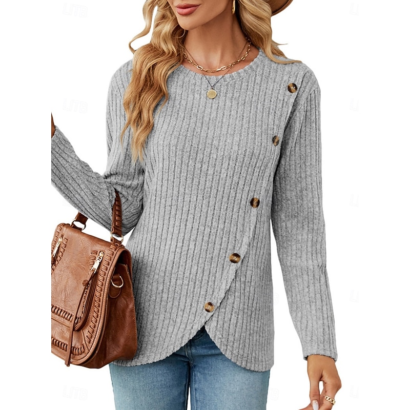 Women's Blouse Solid Color Stylish Casual Long Sleeve Crew Neck Regular Tops Daily Buttons Black Army Green Red Blue Gray Spring Fall Winter