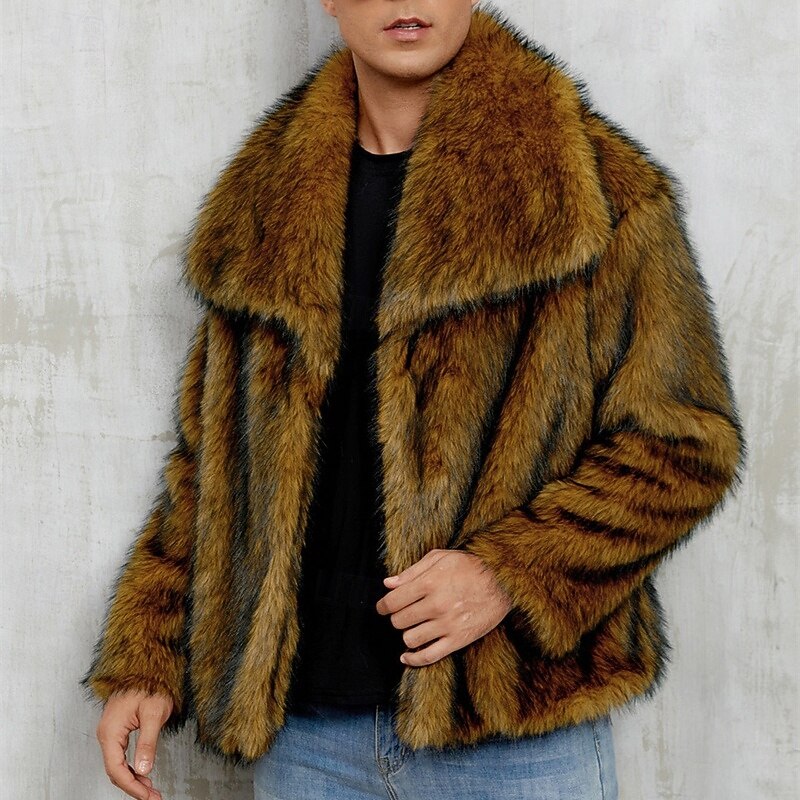 Men's Casual Jacket Faux Fur Coat Vacation Daily Thermal Warm Plush Fall Winter Plain Fashion Streetwear Lapel Regular White Yellow Camel Grey Jacket4