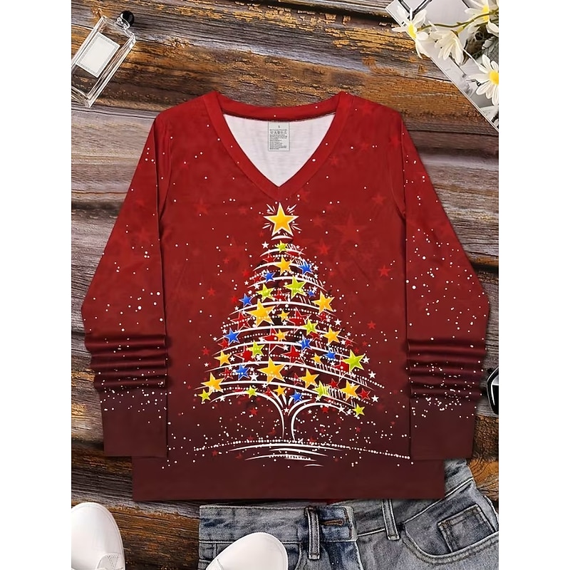 Christmas Women's T Shirt Graphic Christmas Tree Vintage Stylish Classic Long Sleeve V Neck Regular Tops Daily Print Red Spring Fall Winter2