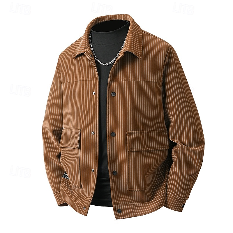 Men's Lightweight Jacket Cargo Jacket Casual Jacket Vacation Daily Breathable Pocket Spring Fall Stripe Fashion Classic Lapel Regular Black Coffee Jacket