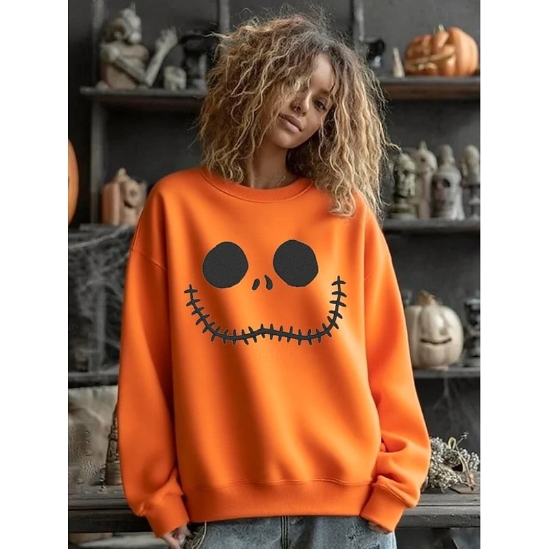 Women's Pullover Sweatshirt Graphic Skull Halloween Fashion Casual Long Sleeve Crew Neck Regular Tops Street Dailywear Casual Print White Orange Gray Fall Winter