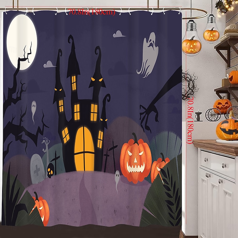 Halloween Shower Curtains Haunted Castle Pumpkin Bats Full Moon Flying Witch Skull Heads Waterproof Polyester Fabric Bathroom Decor Set with 12 Hooks Spooky Horror Holiday Seasonal Decoration2