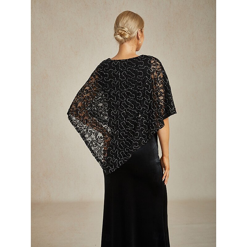 Women's Poncho Dressy Tops Lace Tops Evening Tops Solid Color Elegant Stylish Sleeveless Crew Neck Regular Tops Wedding Guest Party Evening Wear Evening Party Sequins Lace Black Spring, Fall, Winter2