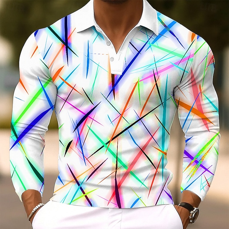 Valentine's Day Men's Geometic Line Polo Long Sleeve Polo Shirts Lapel Casual Outdoor Street Athleisure Daily Wear 3D Print Buttons Spring Fall Winter Black White2