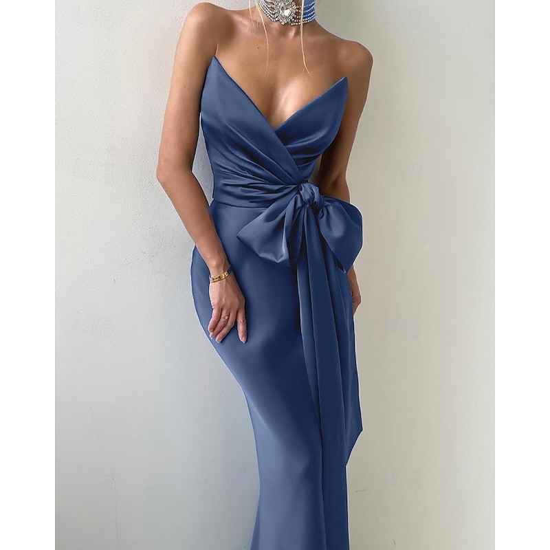 2-in-1 Dress Cape Dress Mermaid / Trumpet Evening Gown Elegant Dress Formal Semi Formal Dress Wedding Floor Length Sleeveless V Neck Satin Backless with Bow(s) Pleats Slit4