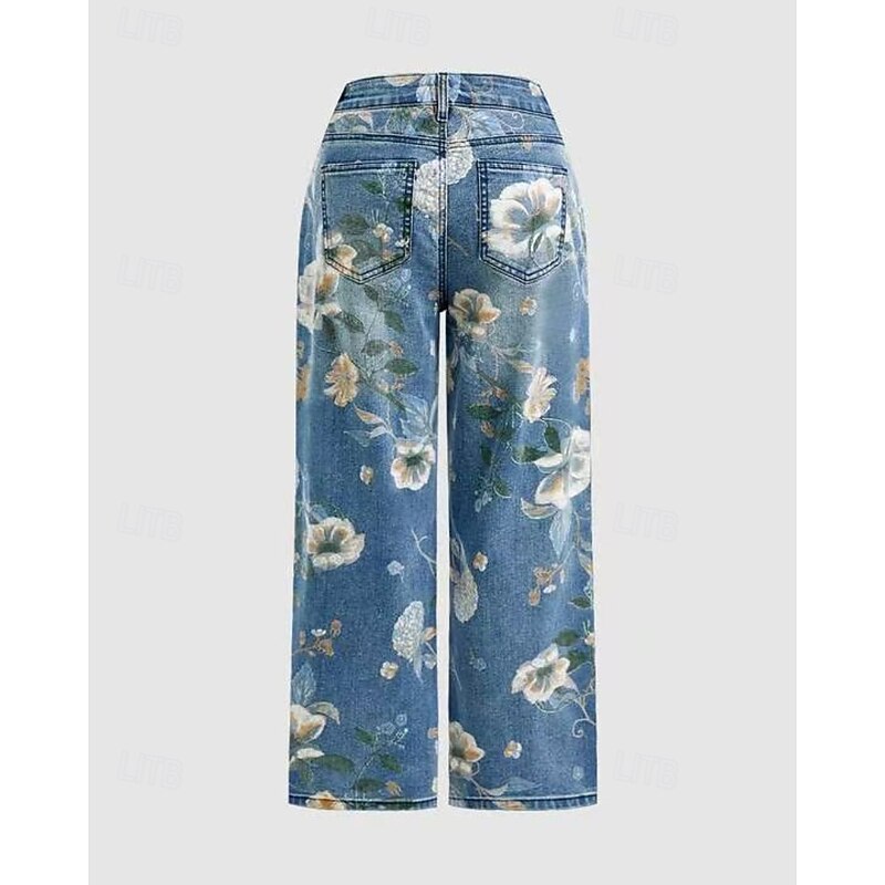 Women's Jeans Culottes Wide Leg Chinos Streetwear Casual Full Length Medium Waist Floral Pocket Elastic Waist Printing Comfortable Micro-elastic Outdoor Vacation Daily Deep Blue Light Blue Fall Winter3