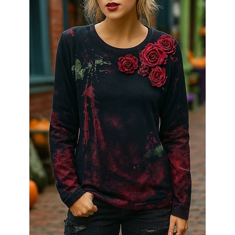 Halloween Women's T Shirt Floral Graphic Halloween Vintage Fashion Stylish Long Sleeve Crew Neck Round Neck Regular Tops Daily Weekend Print Wine Spring Fall Winter
