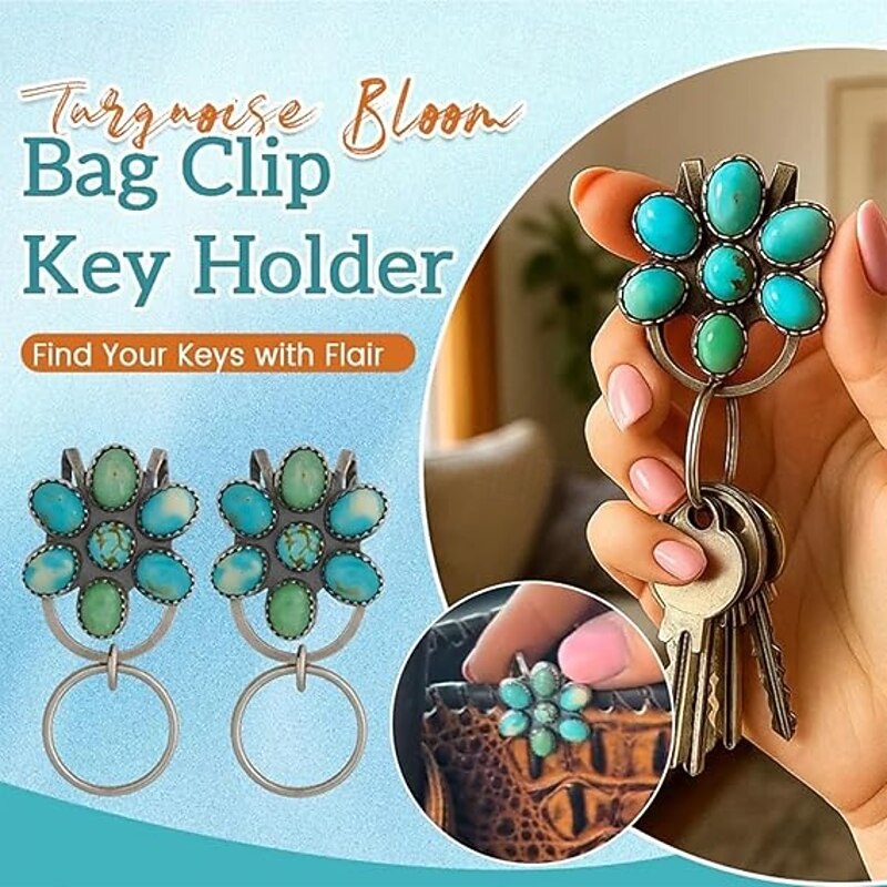 Turquoise Bloom Bag Clip Key Holder Bohemian Keychain With Hook Women Bag Accessory For School Desk Travel Daily Offices Car2