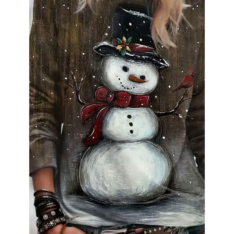 Christmas Women's T Shirt Graphic Snowman Vintage Fashion Stylish Long Sleeve Crew Neck Round Neck Regular Tops Daily Weekend Print Brown Summer Spring Fall Winter3
