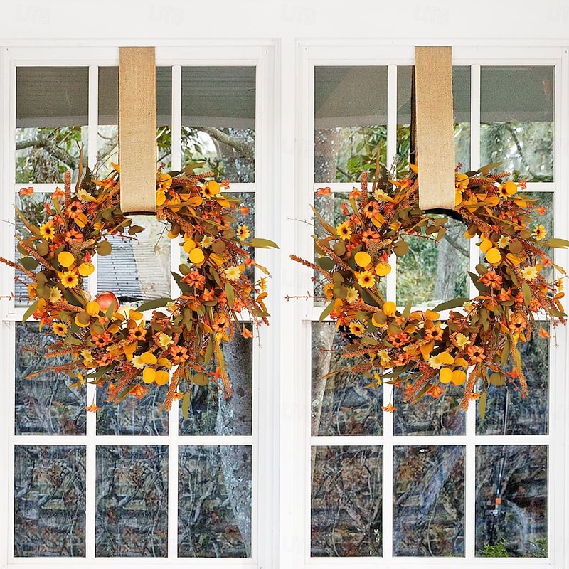 Fall Wreath for Front Door, Autumn Leaves Harvest Festival Decor, Faux Plant Vine Ring for Home, Window, Patio & Party Decorations2