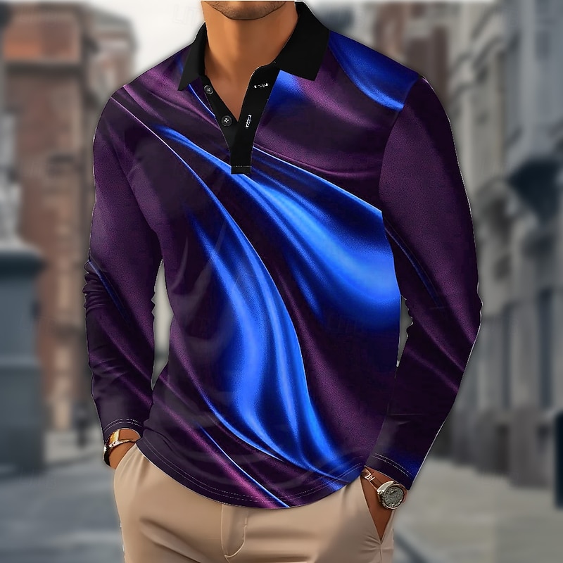 Men's Abstract Geometic Polo Long Sleeve Polo Shirts Lapel Casual Outdoor Street Athleisure Daily Wear 3D Print Buttons Spring Fall Winter Blue Green2