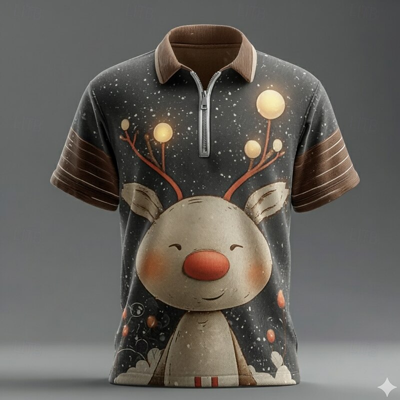 Christmas Men's Reindeer Zip Polo Short Sleeve Turndown Leisure Vacation Daily Festival 3D Print Summer Black
