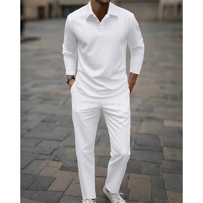 Men's T-shirt Suits Shirt and Pant Sets 2 Pieces Outfits Long Sleeve Lapel Spring Fall Plain Fashion Casual Jacquard 2 Piece Vacation Daily Wear Going out Black White Khaki Top Tee for Men