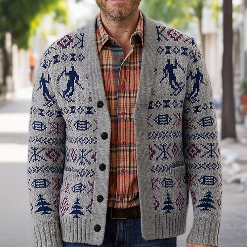 Christmas Men's Fair isle Sweater Cardigan Sweater V Neck Casual School Vacation Daily 3D Print Knitting Keep Warm Long Sleeve Spring Fall Winter Grey