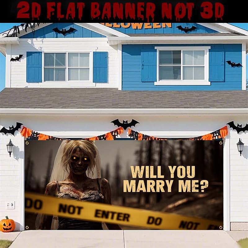 Halloween Garage Door Cover Cemetery Vampire Moon Ghost Bride Large Outdoor Backdrop with Grommets Yard Front Porch Wall Decorations Spooky Party Scene3