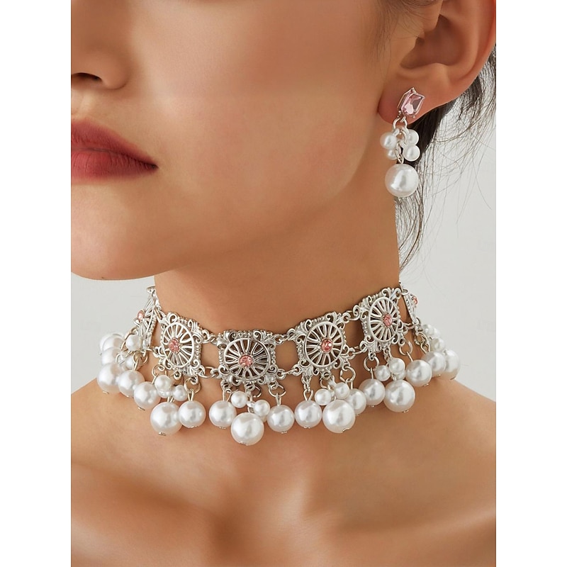 Women's Vintage Pearl Choker Necklace with Red Gem Accents - Elegant Party Jewelry for Evening and Cocktail Occasions