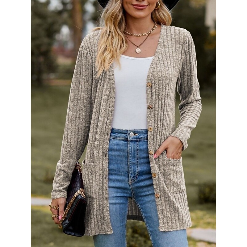 Women's Sweater Cardigan Elegant Fashion Streetwear Pure Color V Neck Pocket Knitted Long Sleeve Regular Tops Knit Outdoor Daily Weekend Wine Red Black Fall Winter3