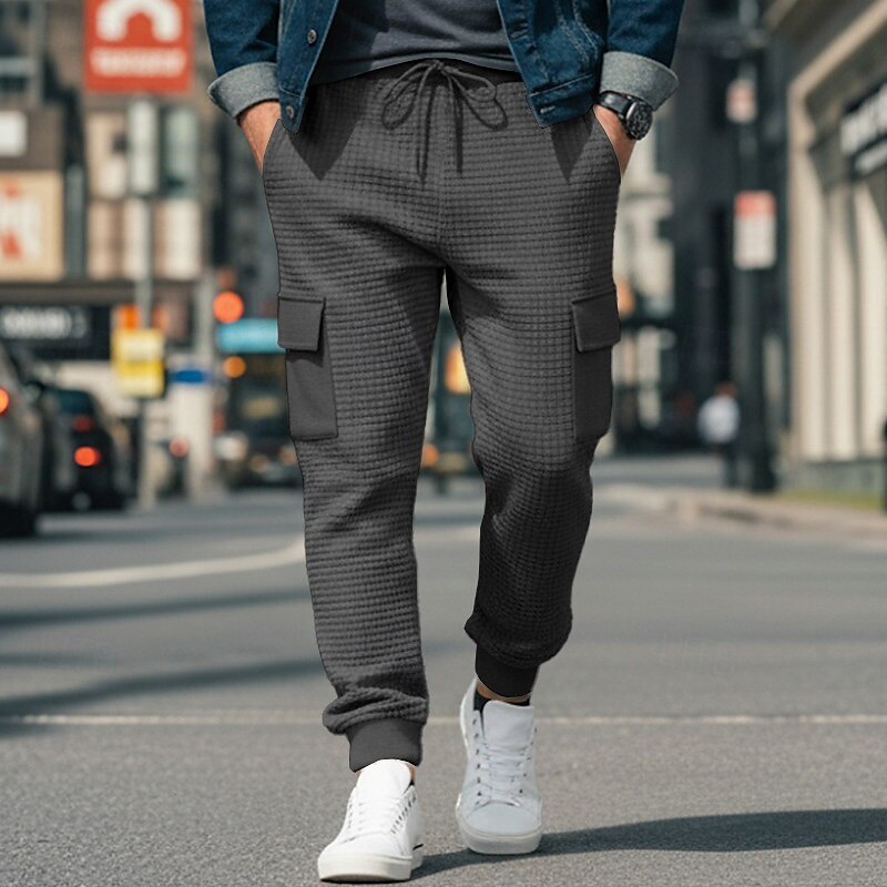 Men's Waffle Cargo Sweatpants Joggers Trousers Casual Pants Drawstring Elastic Waist Plain Comfort Full Length Outdoor Casual Daily Fashion Streetwear Black White Stretchy2