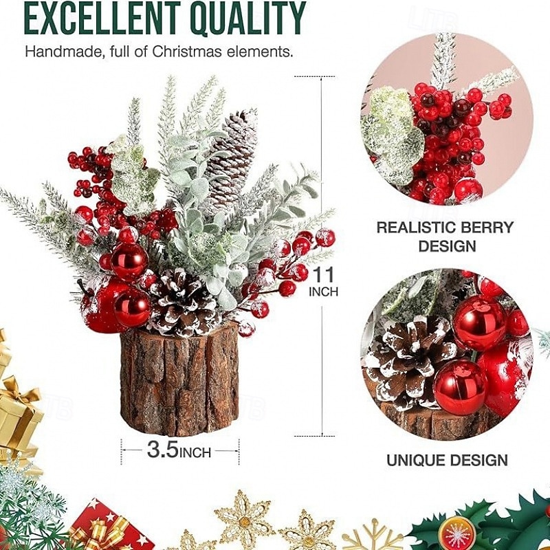 Tabletop Christmas Tree Decoration, Artificial Mini PE Pine Tree with Wooden Bucket Base, Desktop Xmas Decor for Home, Office, Holiday Party Display Ornament2
