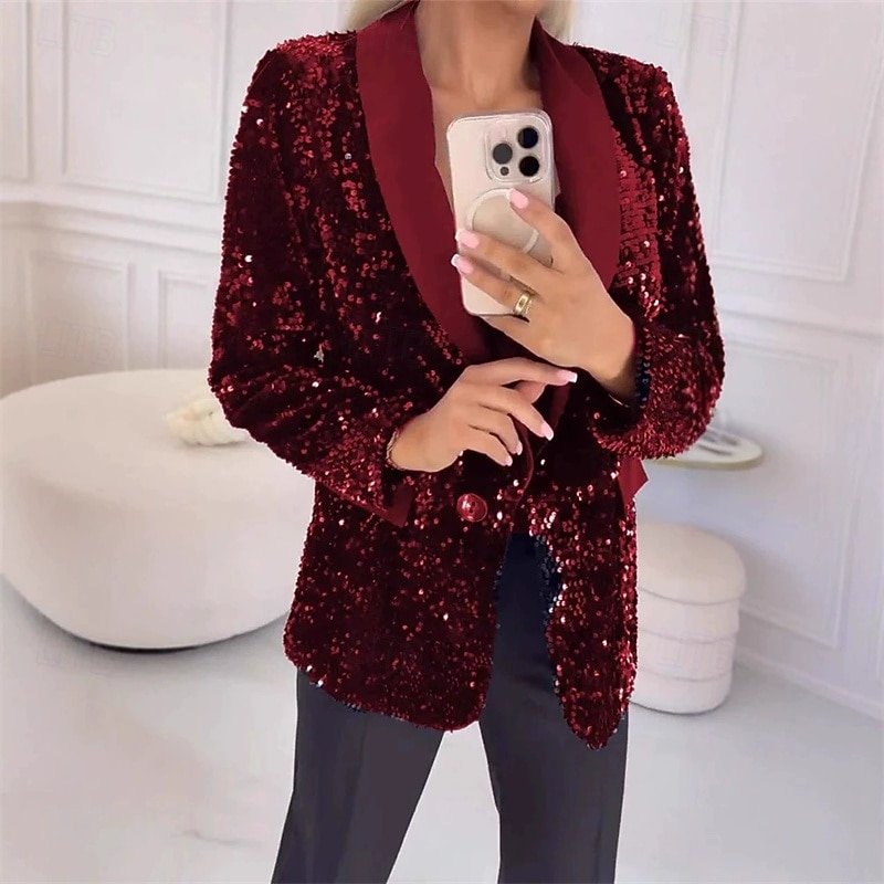 Women's Blazer Comfortable Pocket Elegant Fashion Outdoor Sequin Going out Casual Daily Weekend Cardigan Regular Lapel Regular Fit Long Sleeve Outerwear Black Red Blue Spring Fall3