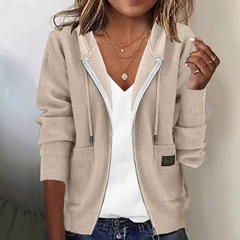 Women's Sweater Cardigan Streetwear Casual Solid Color Hooded Zipper Knitted Hooded Long Sleeve Regular Tops Knit Daily Holiday Going out Apricot Fall Winter