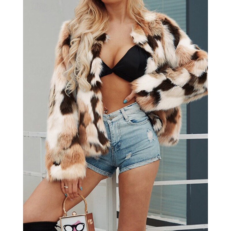 Women's Faux Fur Coat Warm Comfortable Furs & Leathers Casual Tie Dye Vacation Street Casual Daily Wear Short Crewneck Regular Fit Long Sleeve Outerwear Khaki Fall Winter4