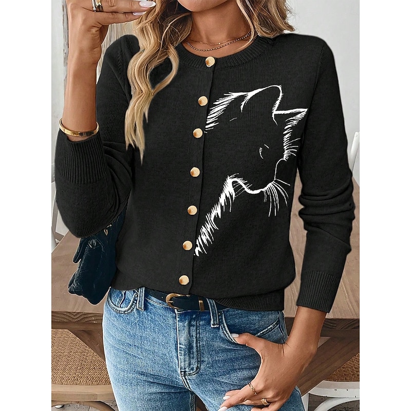 Women's Cardigan Elegant Vintage Daily Graphic Animal Ribbed Crew Neck Buttons Knitted Long Sleeve Regular Tops Knit Outdoor Work Daily Black Red Fall Winter
