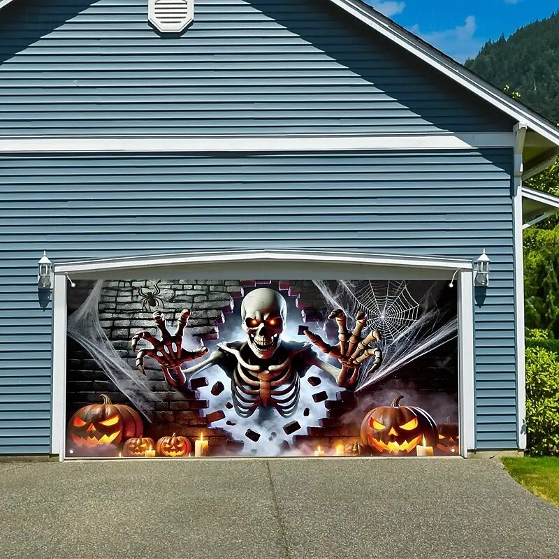 Halloween Garage Door Cover Skull Pumpkin and Spider Banner Haunted House Horror Scene Spooky Backdrop Tapestry for Outdoor Wall Fence Yard Halloween Party Decoration2