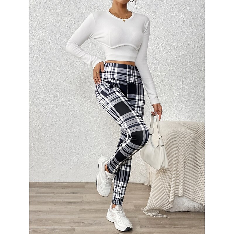 Women's Fleece Pants Chinos Fashion Streetwear Casual Full Length High Waist Plaid Pocket Printing Comfy Soft Comfortable Micro-elastic Outdoor Street Black Red Summer Spring Fall Regular Fit4