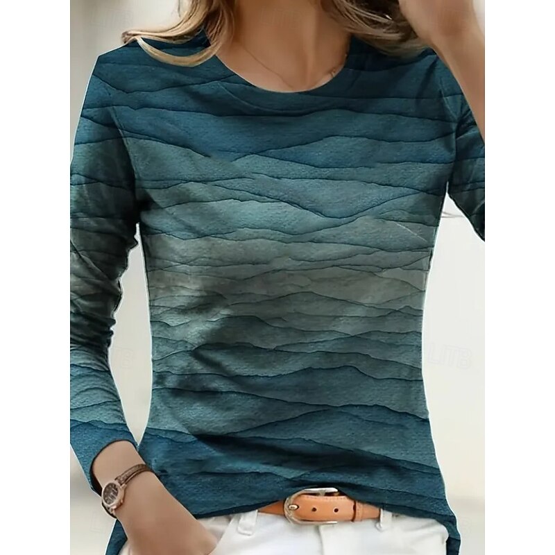 Women's T Shirt Graphic Geometric Vintage Fashion Stylish Long Sleeve Crew Neck Regular Tops Daily Weekend Print Blue Orange Brown Summer Spring Fall3