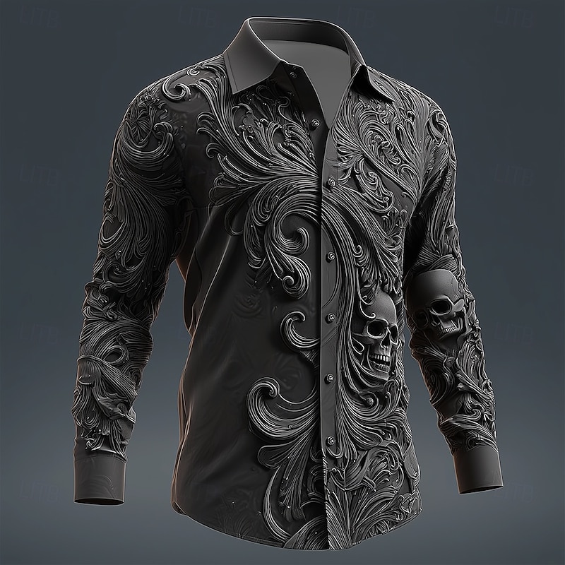 Halloween Men's Skull 3D Swirl Intricate Floral Shirt Button Up Shirt Long Sleeve Vintage Retro Dark Gothic Style Outdoor Holiday Spring Fall Turndown 3D Print Collared Shirts Black 1 Black