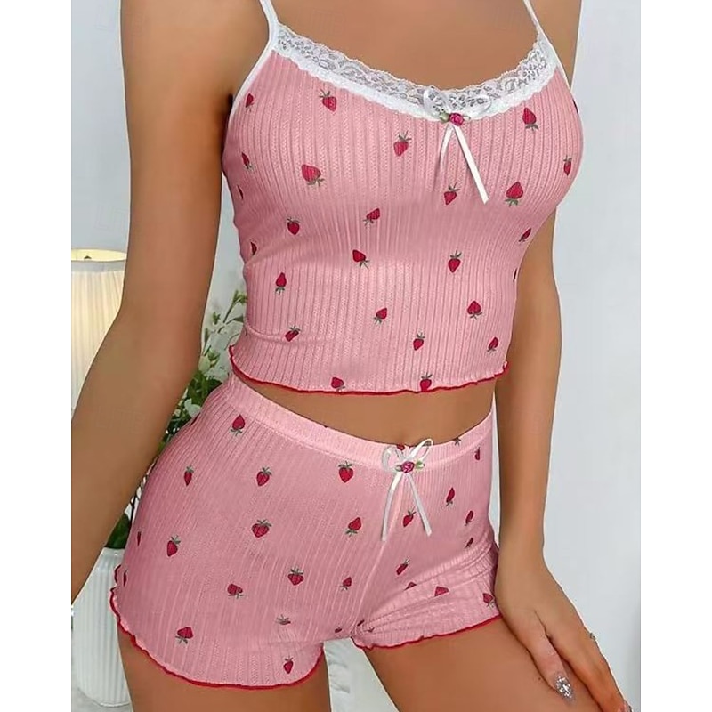 Women's Pajamas Loungewear Pajama Set Casual Fruit Lace Backless Strap Top Shorts Home Daily Bed Sleeveless Black Pink Blue Beige Summer Spring Regular Fit