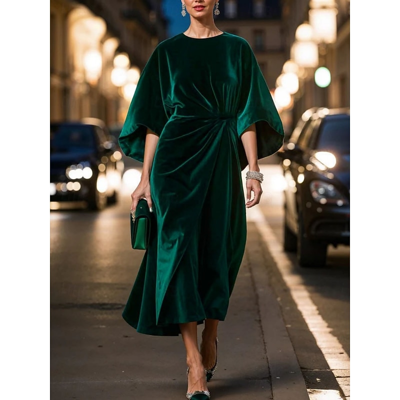 Women's Midi Dress Fit And Flare Dress Elegant Party Cocktail Outdoor Party Wedding Guest Regular Fit Solid Color Long Sleeve Crew Neck Black Red Blue Green Spring Fall Winter