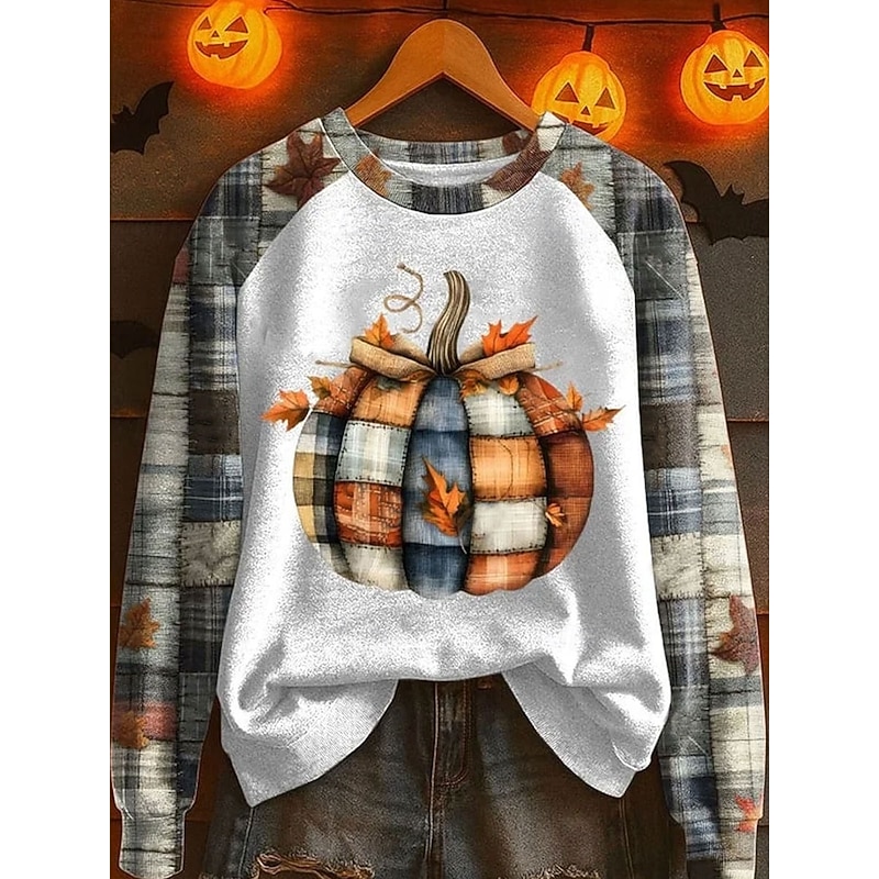 Women's Sweatshirts Graphic Plaid Pumpkin Casual Long Sleeve Crew Neck Regular Tops Casual Patchwork White Blue Orange Gray Fall2