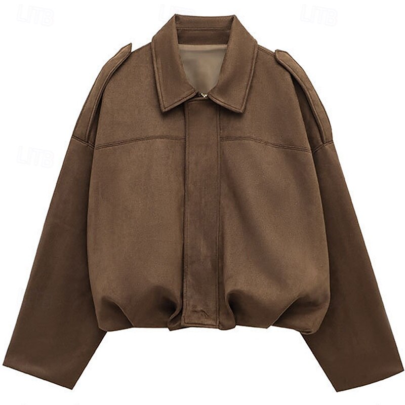 Women's Faux Leather Jacket Comfortable Zipper Casual Plain Vacation Street Casual Daily Wear Regular Turndown Regular Fit Long Sleeve Outerwear Fuchsia Brown Army Green Fall Winter2