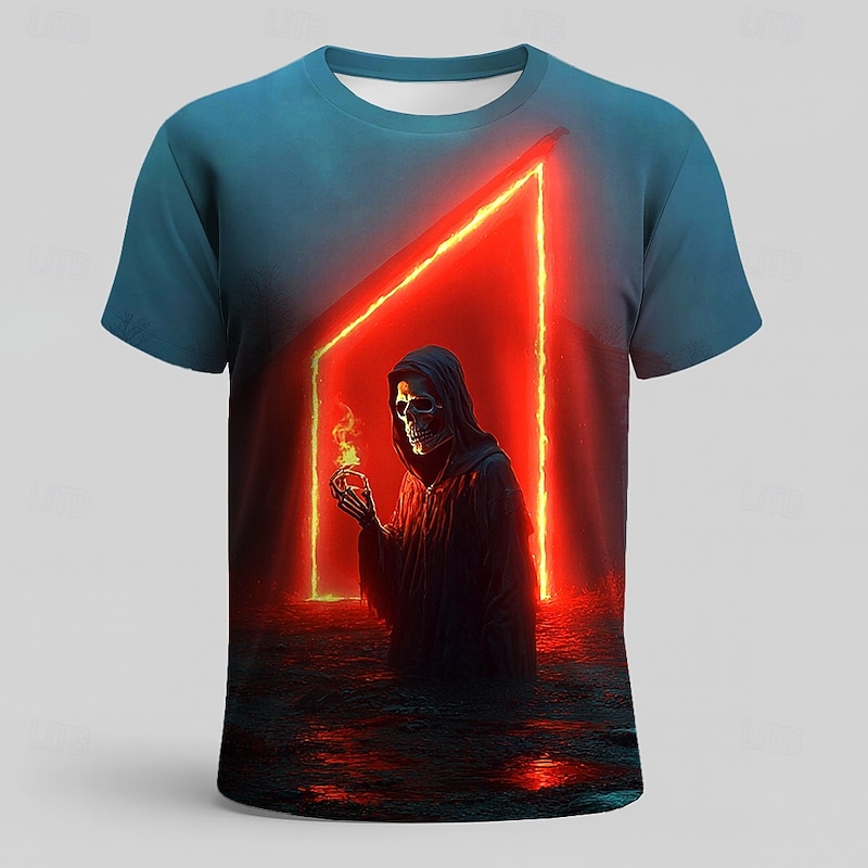 Halloween Men's Optical Illusion 3D Reaper T Shirt Short Sleeve T shirt 3D Print Crew Neck Shirt Exaggerated Designer Horror Party Street Holiday Blue Green Summer Spring All Seasons Clothing Apparel