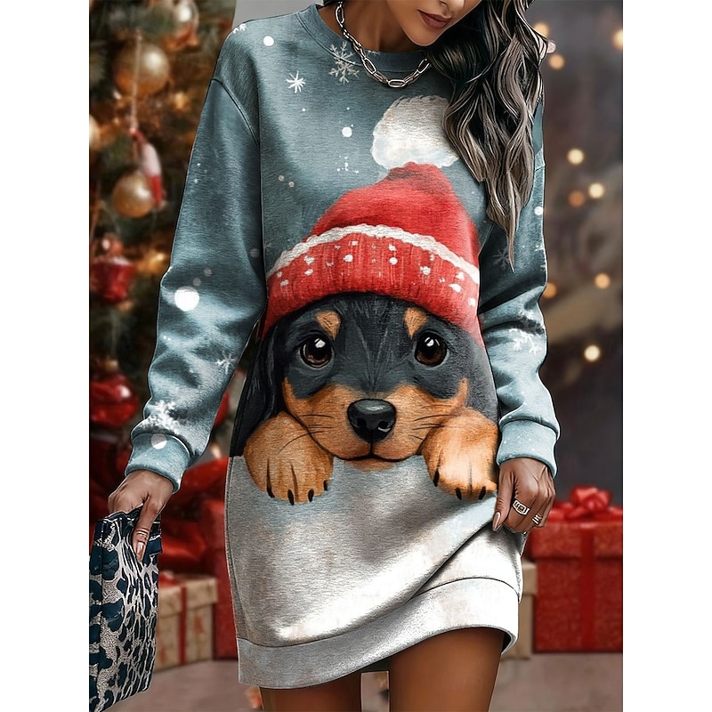 Christmas Women's Mini Dress Shift Dress Vacation Casual Birthday Holiday Date Regular Fit Graphic Ugly Christmas Long Sleeve Crew Neck White Blue Spring Fall Winter