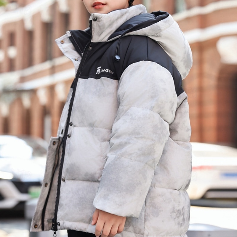 Kids Unisex Down Jacket Outdoor Jacket Puffer Jacket Outerwear Letter Long Sleeve Keep Warm Windproof Coat Outdoor Daily Basic Black Green Gray Fall Winter 4 years+4