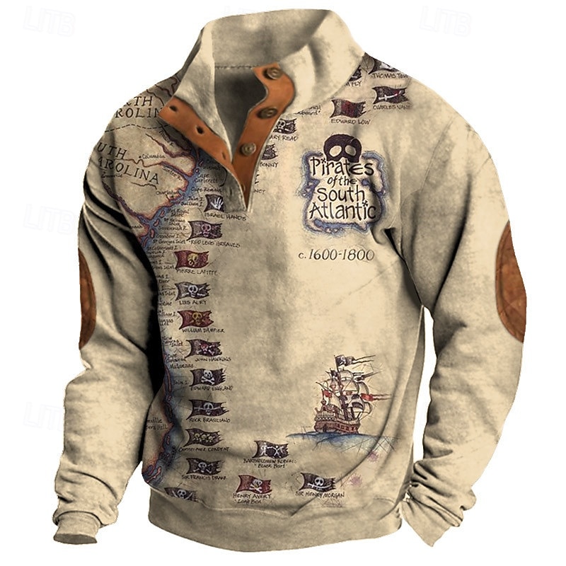Men's Map Compass Skulls Sweatshirt Sweatshirts Long Sleeve Sweatshirt Henley Graphic Print Holiday Going out Festival Buckle Print Fall Winter